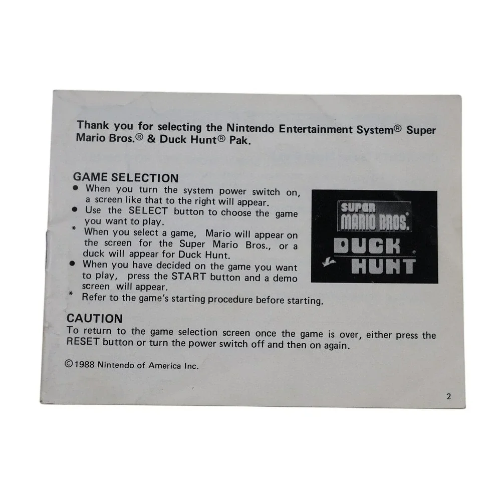 Super Mario Bros Duck Hunt Nintendo NES‎ Video Game Cartridge Manual NES-MH-USA